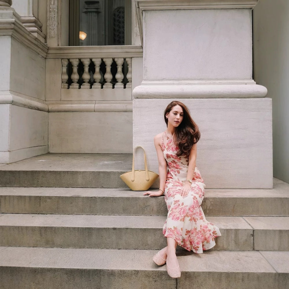 Maxi dress for women with asymmetric cut and floral pattern Lune London
