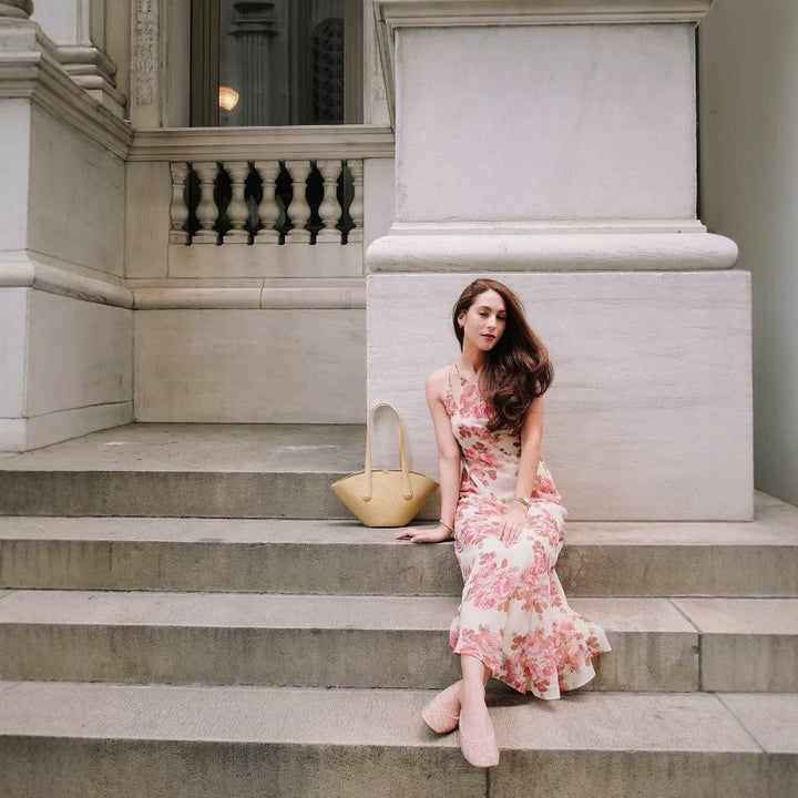 Maxi dress for women with asymmetric cut and floral pattern Lune London