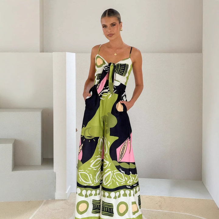 Chic & Stylish Women's Elegant Jumpsuit with Playful Tie-Dye Pattern and Side Tie Belt