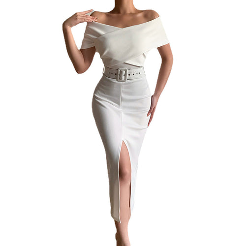 Midi dress for women fitted with bardot neckline and side slit Lune London