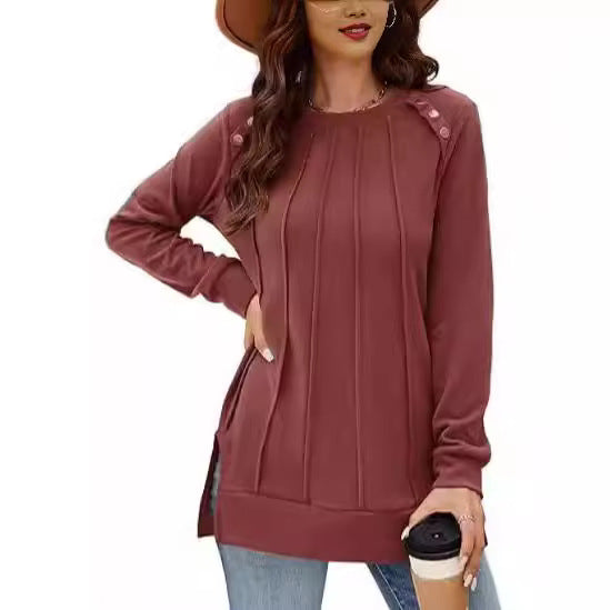 Ladies long sleeve T-shirt with decorative buttons and side slits Lune London