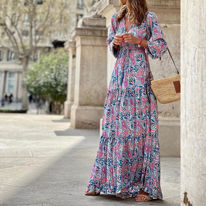 Maxi dress for women with a delicate paisley pattern and an elegant button placket Lune London