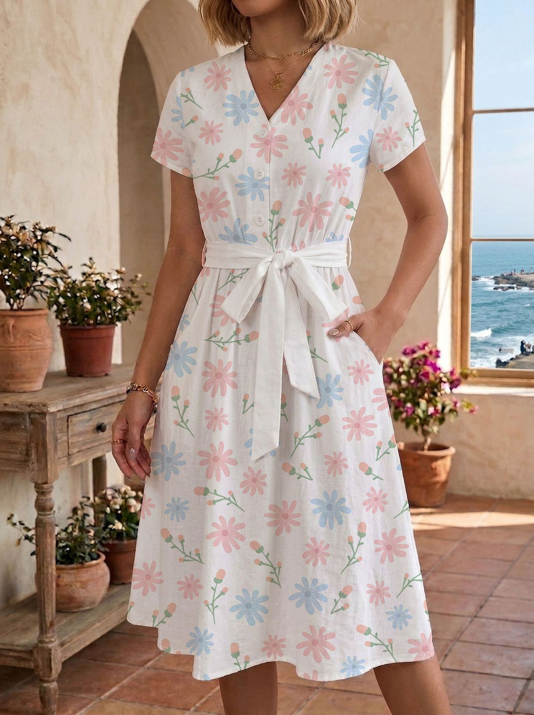 Women's casual maxi dress with adjustable knot and decorative check pattern Lune London