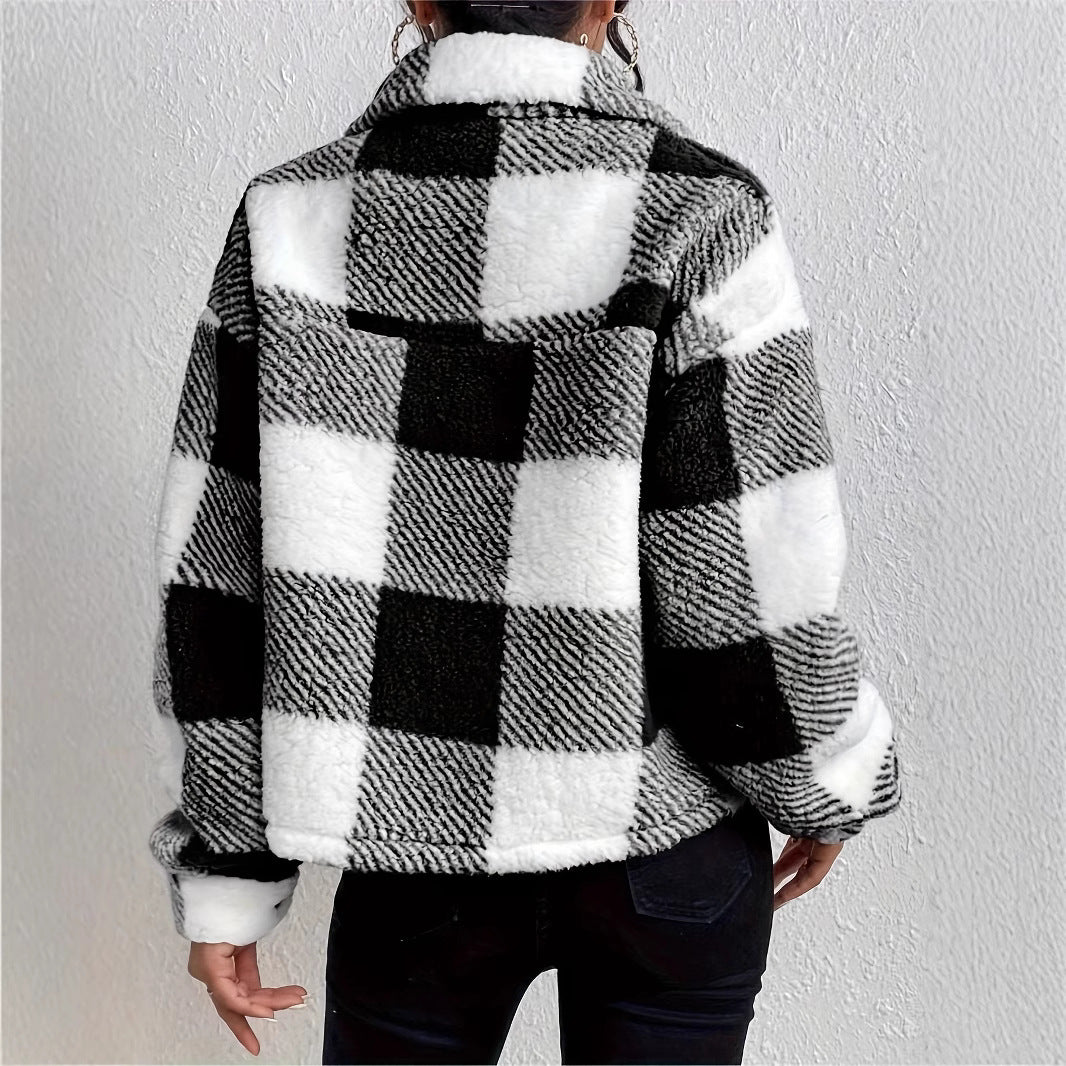 Women’s plush jacket with checkered look, featuring chest pockets and button closure Lune London