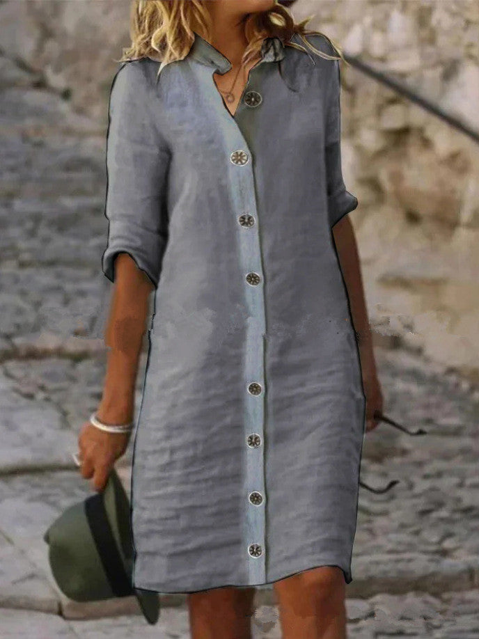 Linen shirt dress for women with button placket and roll-up sleeves Lune London
