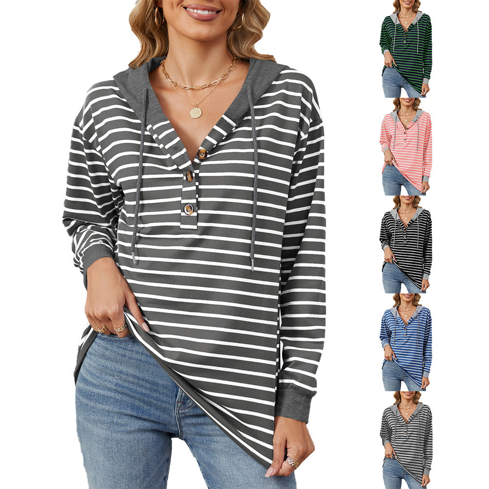 Ladies casual striped sweatshirt with button placket and comfortable fit Lune London