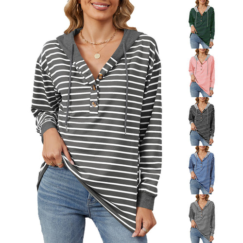 Ladies casual striped sweatshirt with button placket and comfortable fit Lune London