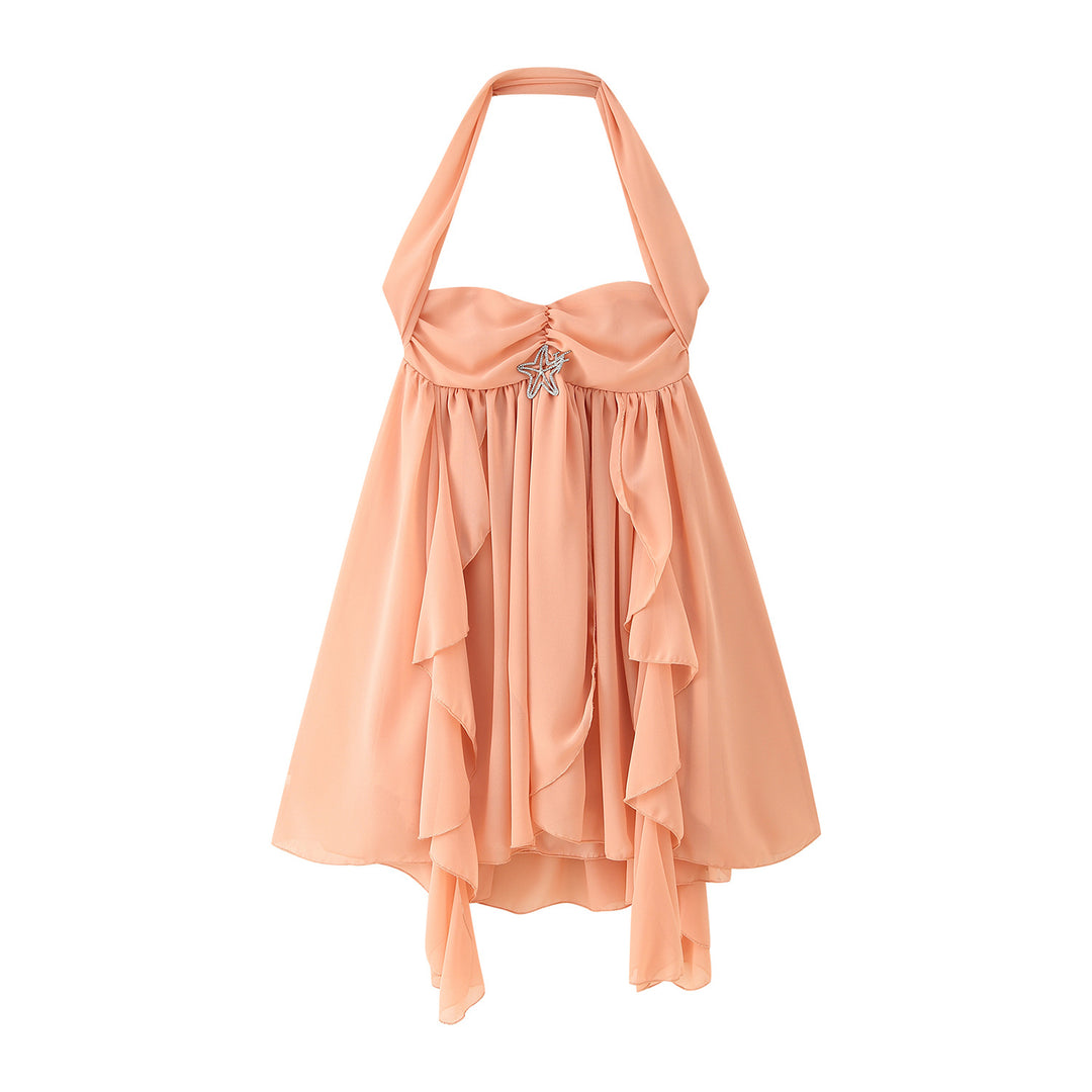 Evening dress for women with floating ruffle design and backless Lune London
