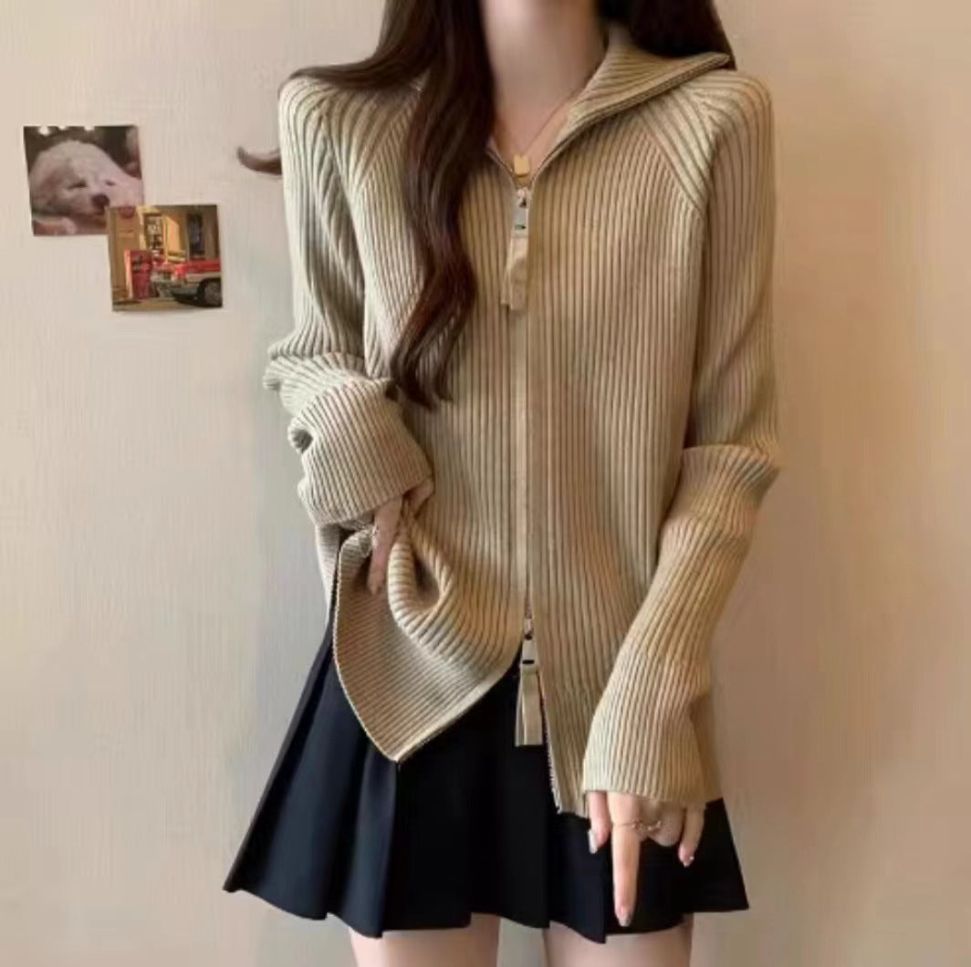 Knitted jacket for women with high collar and zipper Lune London