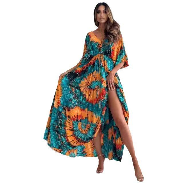 Maxi dress for women with an elegant back neckline and wide ruffled sleeves Lune London