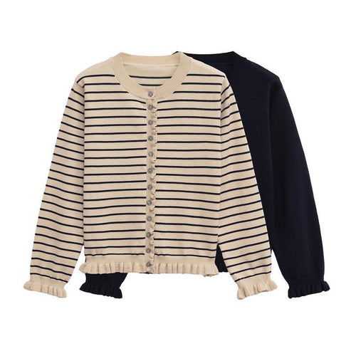 Women's knit jacket with a playful ruffled hem and chic button details Lune London