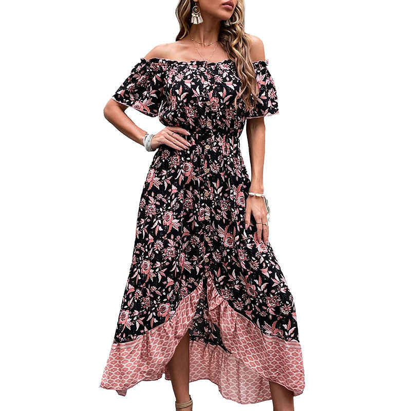 Robe maxi femme à épaules dénudées avec motif floral et fente haute Chic & Stil