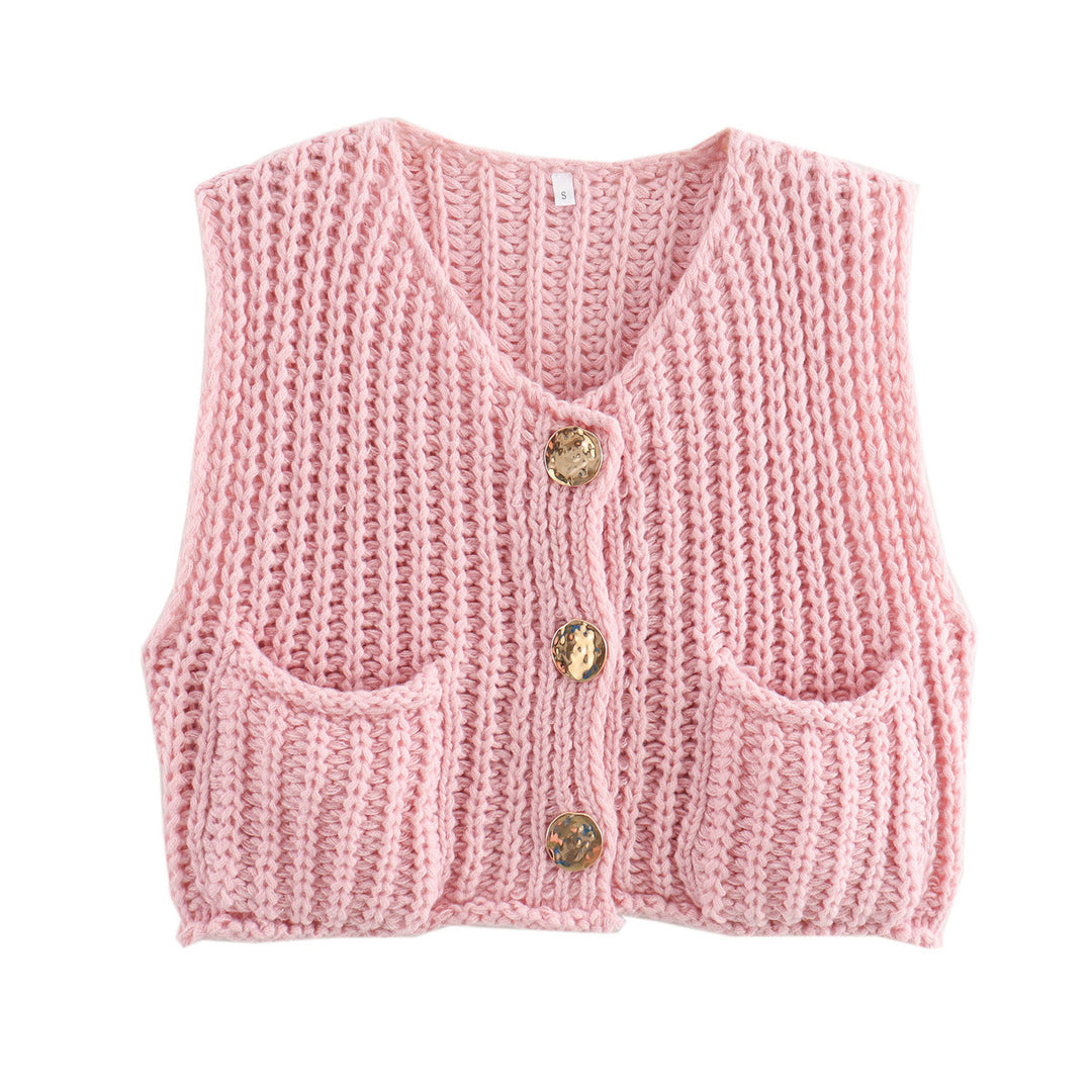 Knitted vest for women with decorative buttons and practical pockets Lune London
