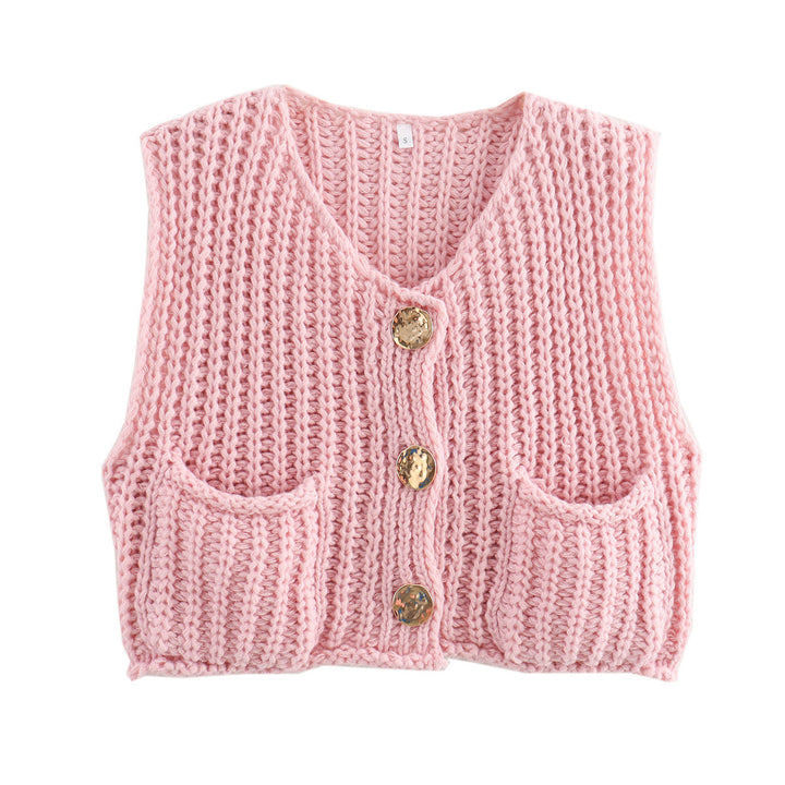 Knitted vest for women with decorative buttons and practical pockets Lune London