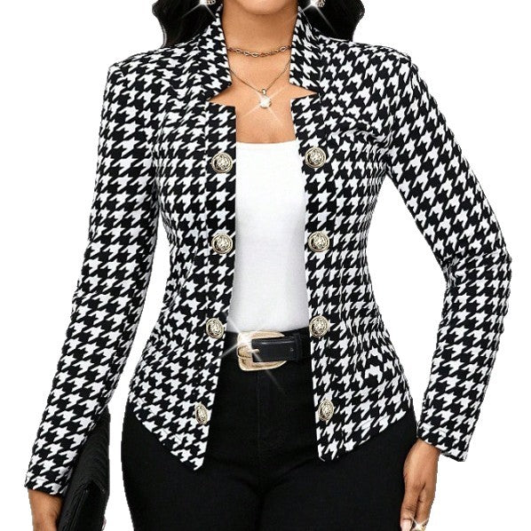 Ladies Elegant Houndstooth Blazer Jacket with Shiny Buttons Lune London