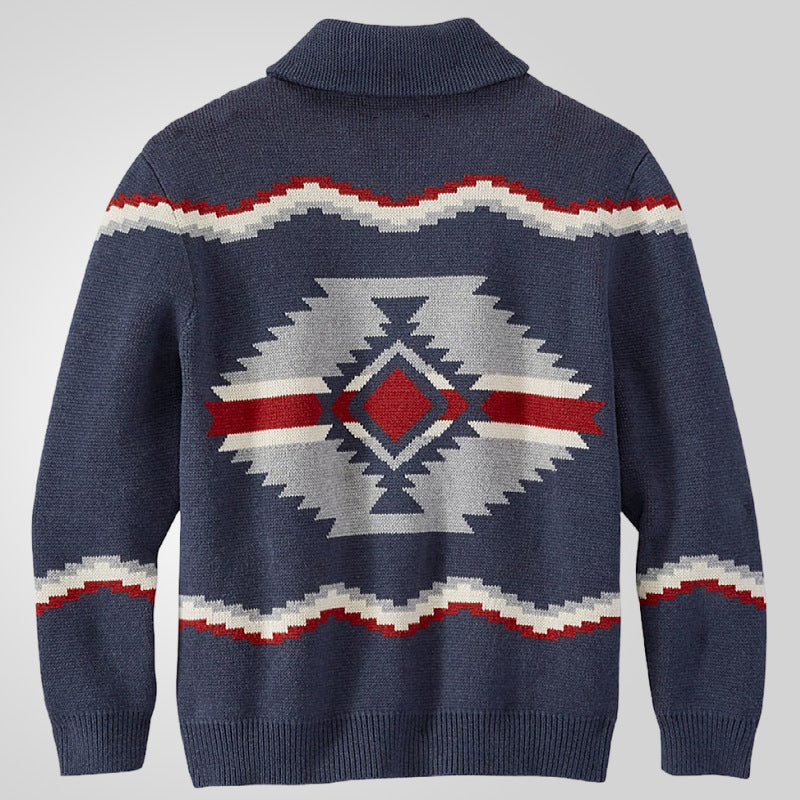 Men's knit jacket with modern ethnic design featuring practical buttons Lune London