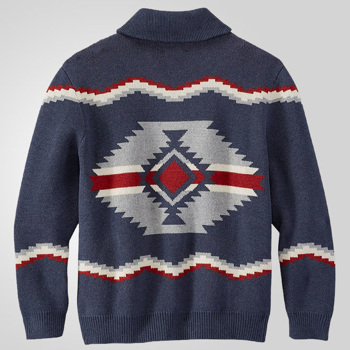 Men's knit jacket with modern ethnic design featuring practical buttons Lune London