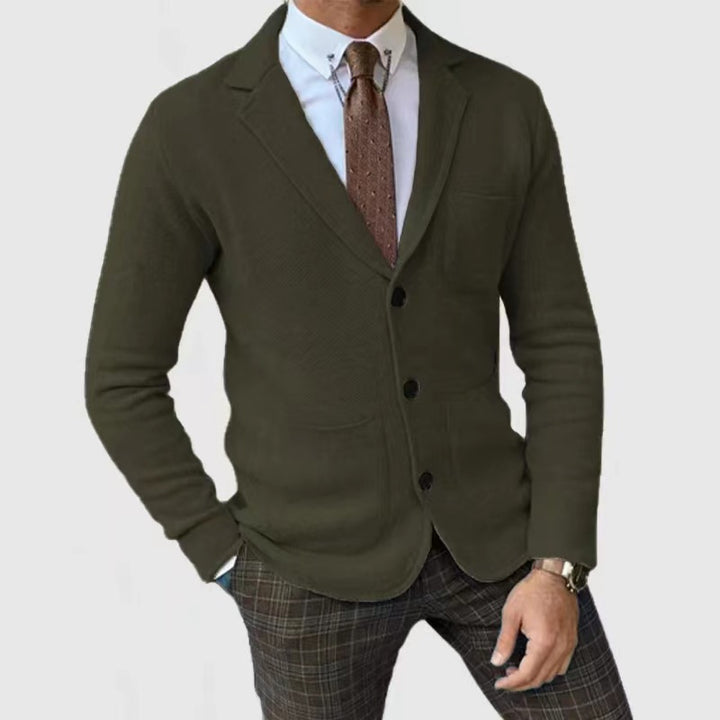 Casual knitted jacket for men with button placket and appliqué pockets Lune London