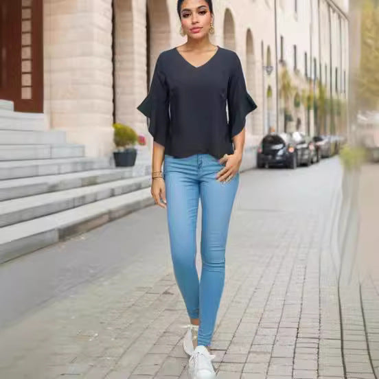 Women Elegant Blouse with Ruffle Details and Deep V-Neck Lune London