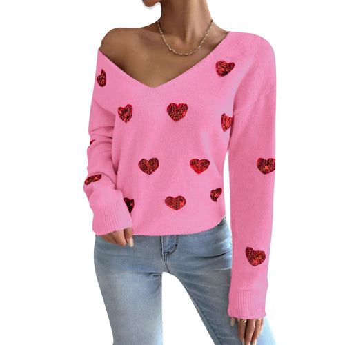 Pull surdimensionné pour femmes avec décolleté en V profond et motif cœur Chic & Stil