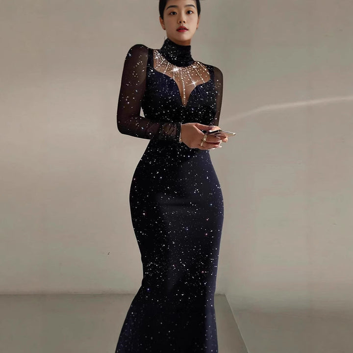 Lune London | Ladies Elegant Evening Dress with Transparent Sleeves and Shimmering Star Pattern