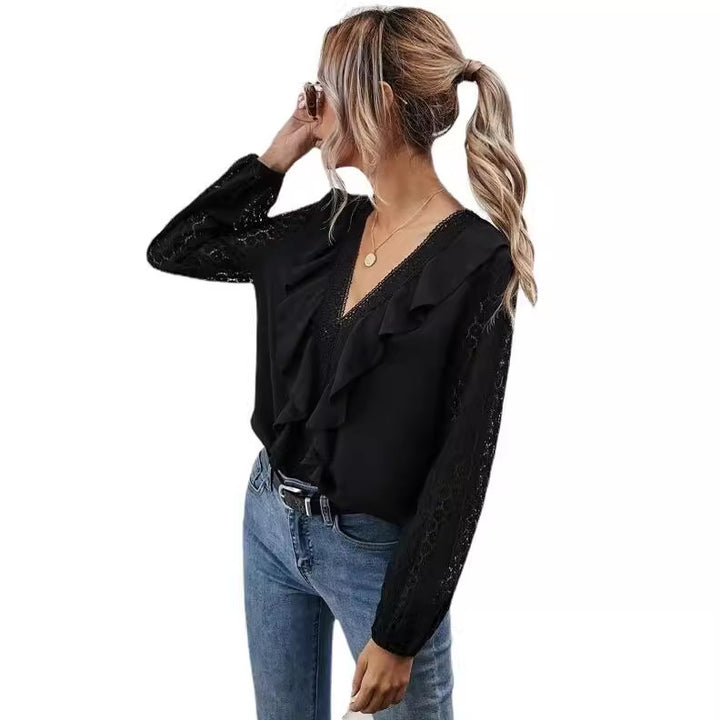 Ruffled blouse for women with transparent sleeves and delicate lace accents Lune London