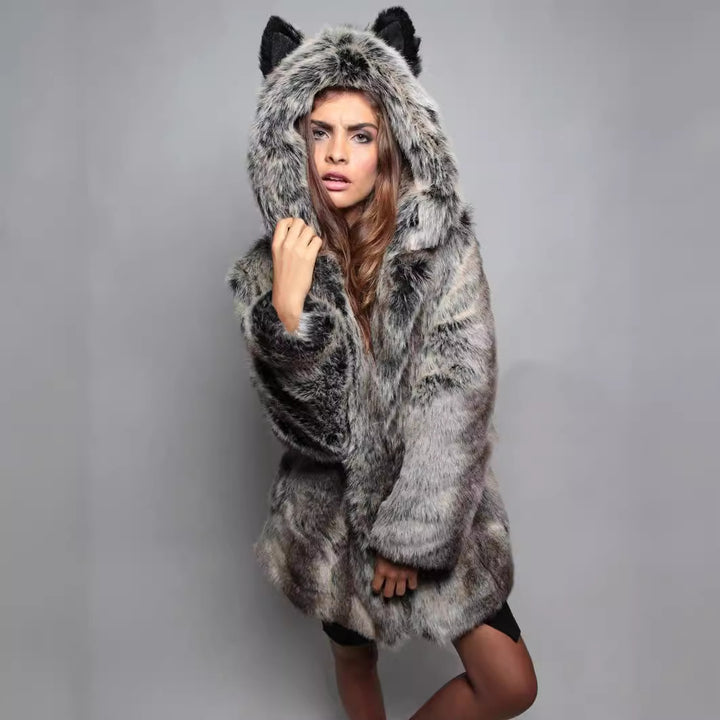 Ladies Cozy Faux Fur Coat with Hood and Ears Lune London