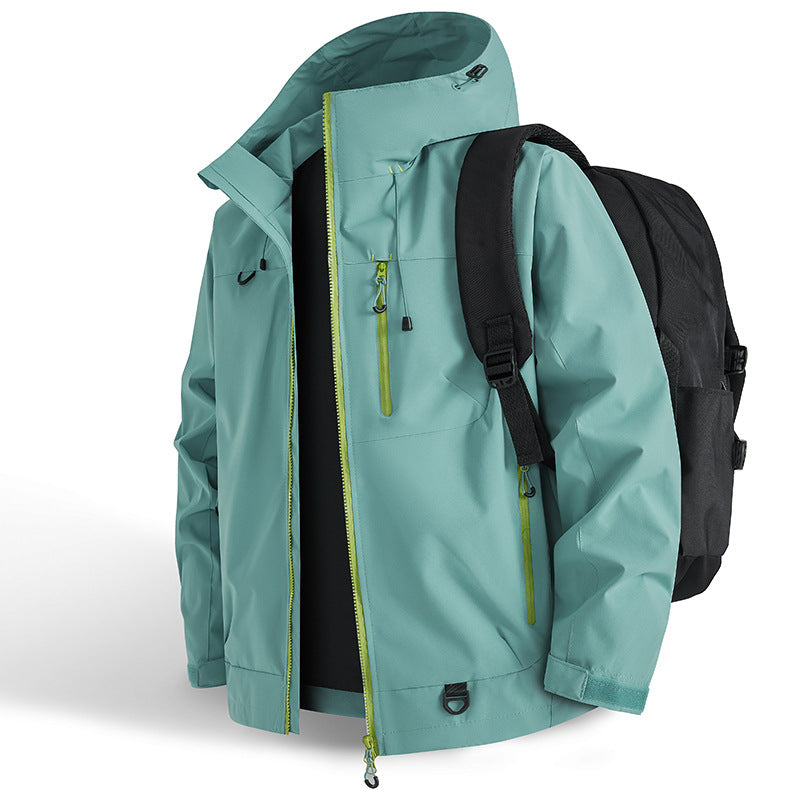 Functional outdoor jacket for men with adjustable hood drawstring and practical zip pockets Lune London