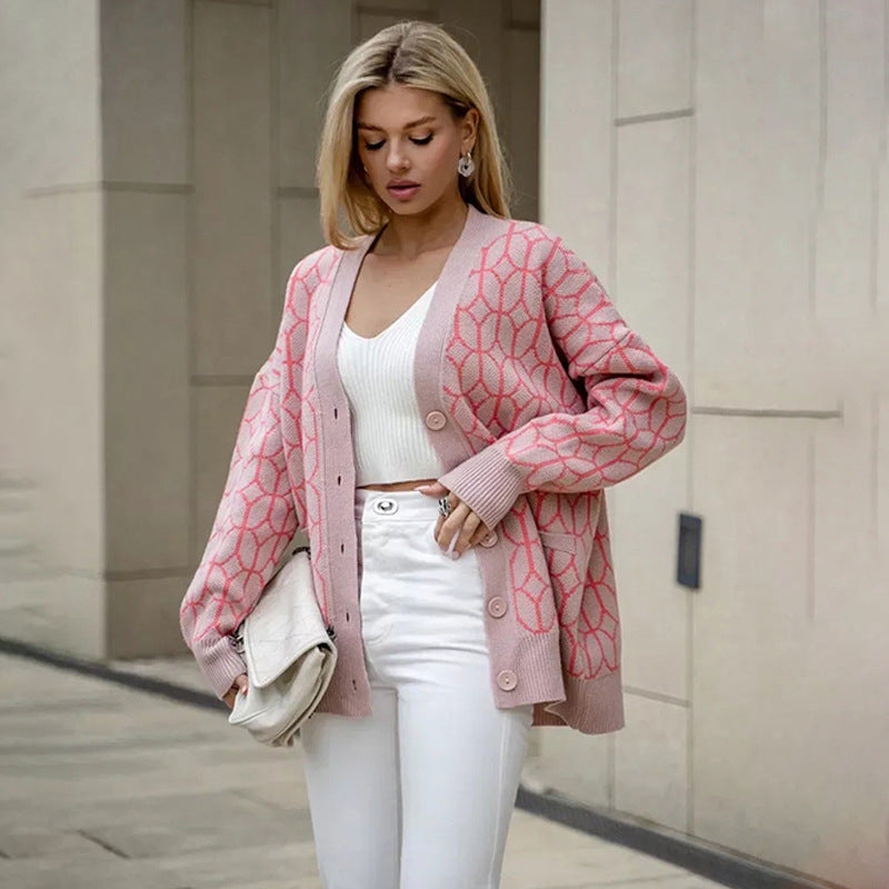 Women Knitted Patterned Cardigan with Large Button Placket Lune London