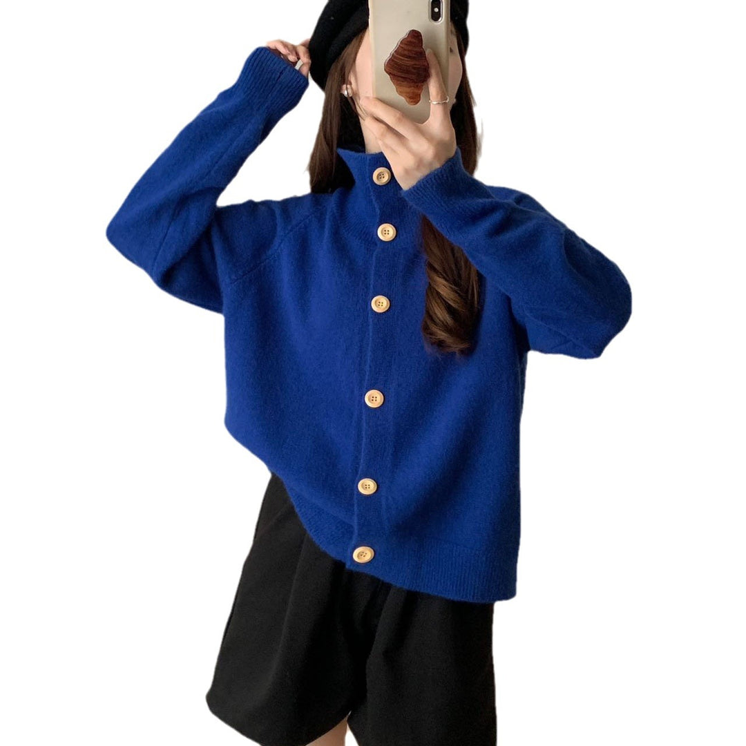 Knit jacket for women with high collar and large buttons Lune London
