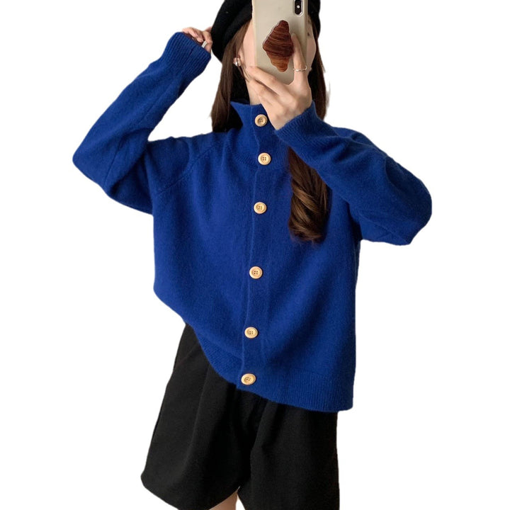 Knit jacket for women with high collar and large buttons Lune London