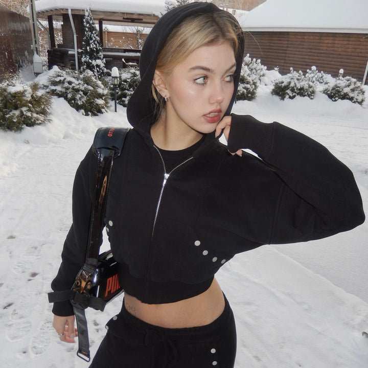 Ladies sweat-crop hoodie with innovative snap button details Lune London