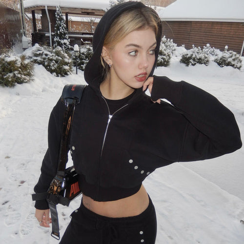 Ladies sweat-crop hoodie with innovative snap button details Lune London