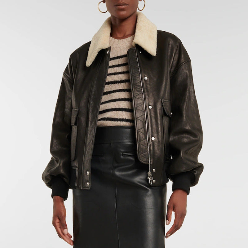 Trendy leather jacket for women with voluminous sleeves and Teddy collar Lune London