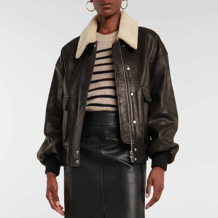 Trendy leather jacket for women with voluminous sleeves and Teddy collar Lune London