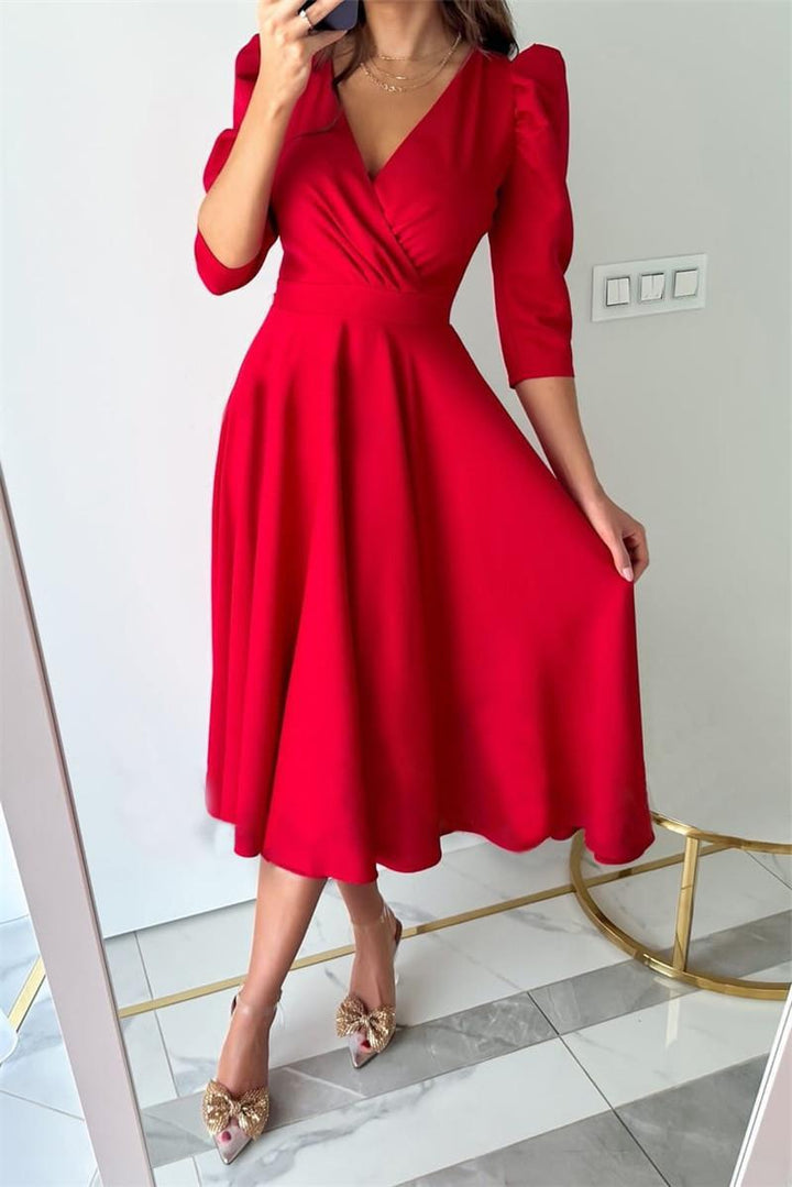 Lune London A-line festive dress for women with puff sleeves and V-neck