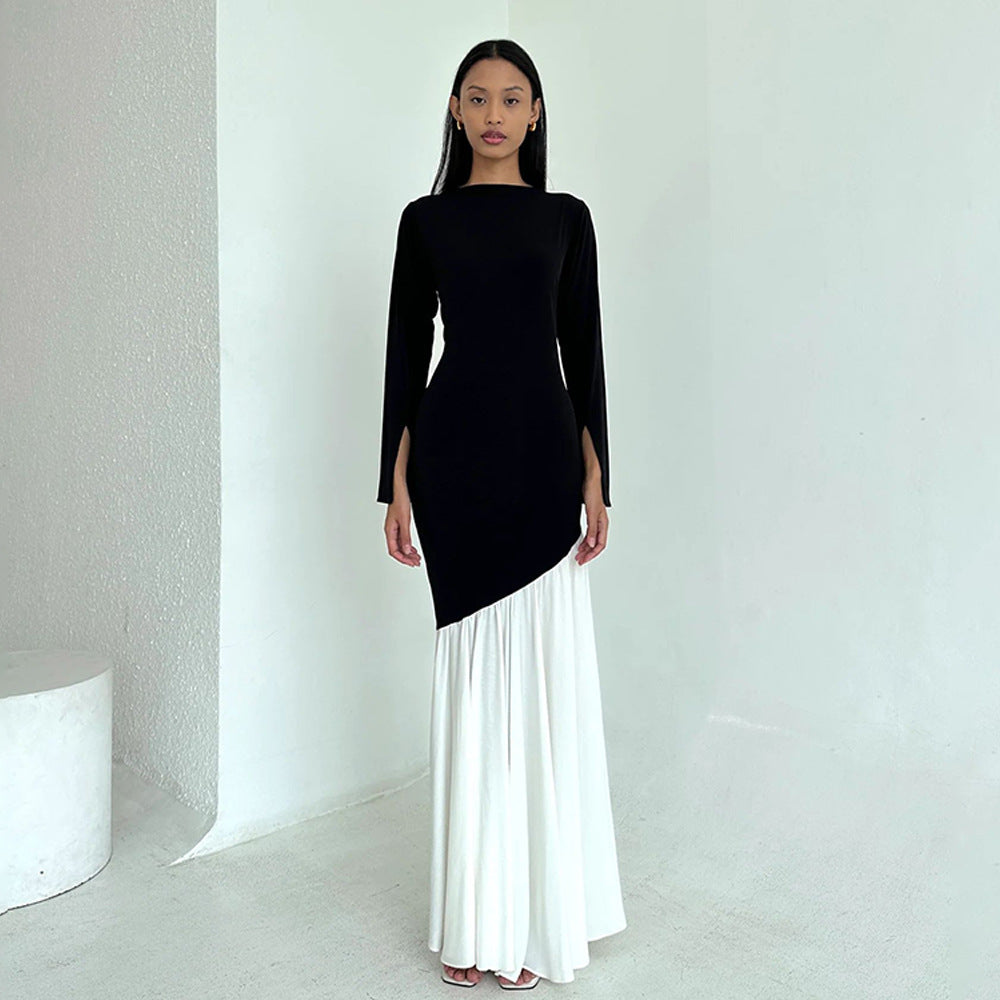 Elegant and asymmetrical maxi dress for ladies with long sleeves and chic and stylish color contrasts.