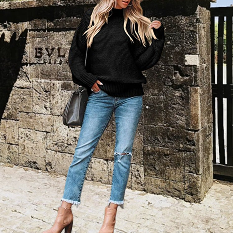 Chunky knit sweater for women with high collar and dropped shoulders Lune London