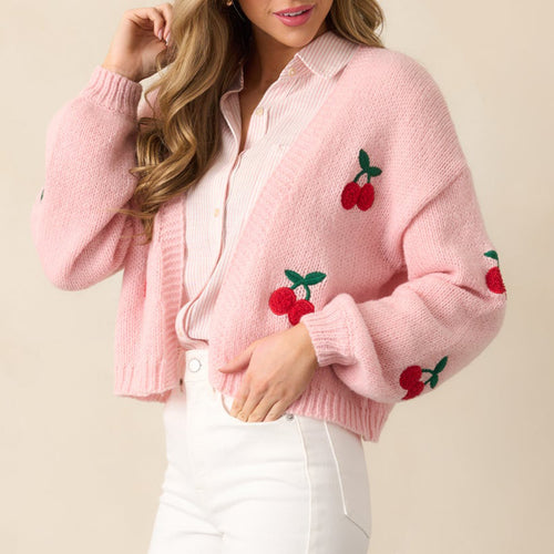Ladies' cozy knitted cardigan with cherry-inspired appliqués Lune London