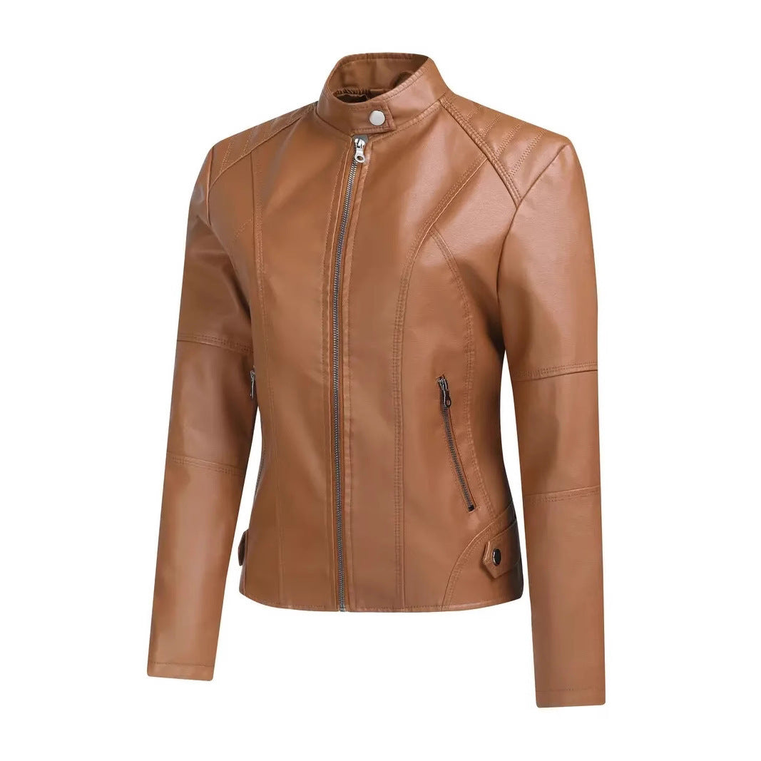 Ladies Elegant Synthetic Leather Motorcycle Jacket with High Collar and Asymmetric Zipper Lune London
