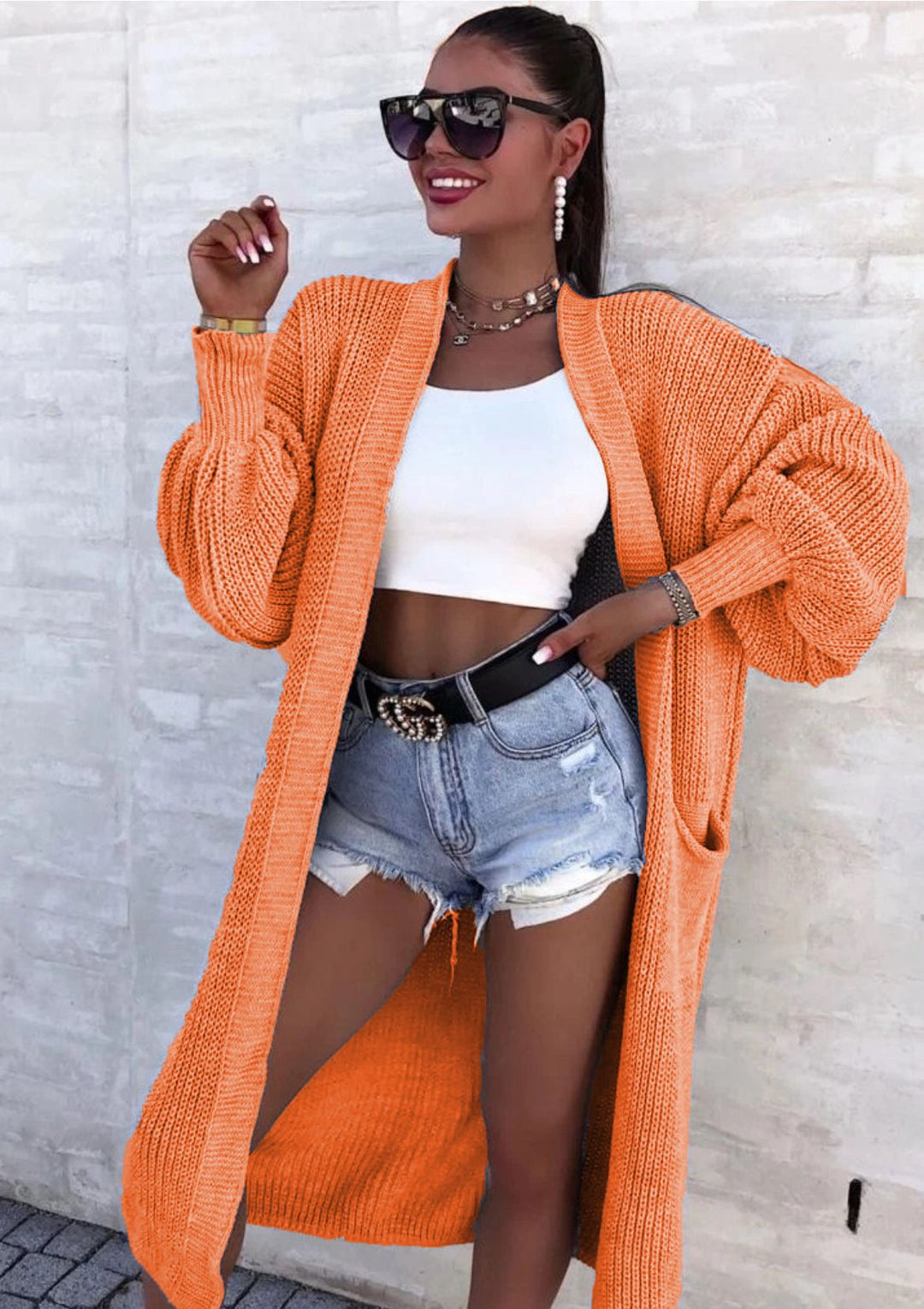 Manteau long en tricot pour femmes avec manches larges et poches Chic & Stil