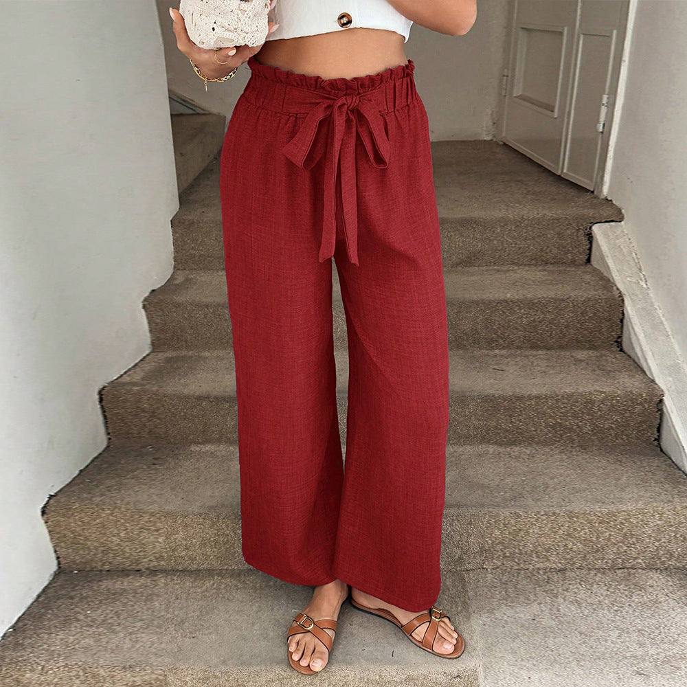 Pantalons en tissu large décontractés pour femmes avec taille élastique et ceinture à nouer Chic & Stil