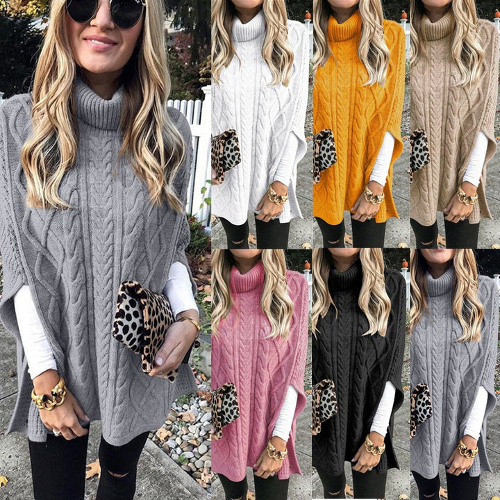 Poncho sweater for women with high neck and classic cable pattern Lune London