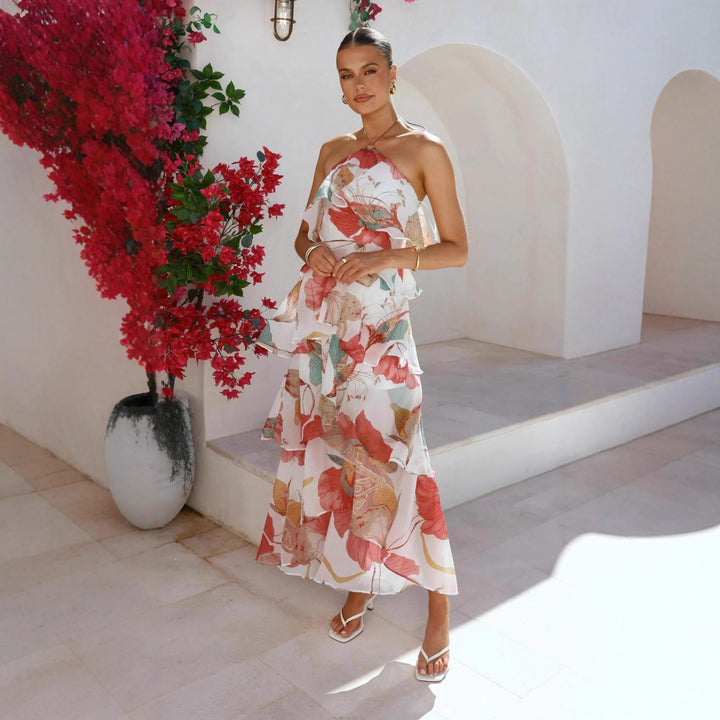 Robe maxi femme avec superposition élégante et volants floraux Chic & Stil