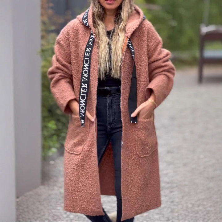 Long fleece coat for women with hood and convenient pockets Lune London