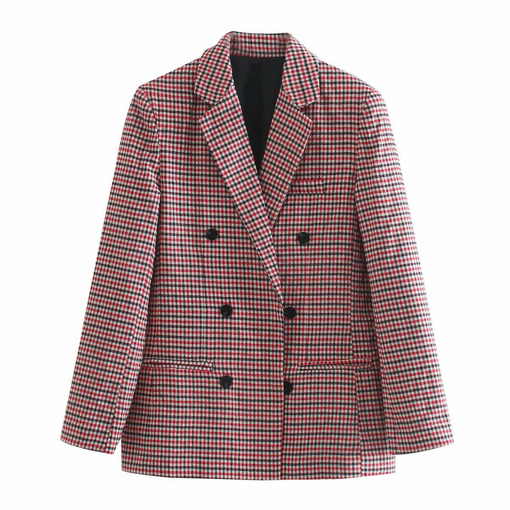 Lune London double-breasted blazer for women with plaid pattern