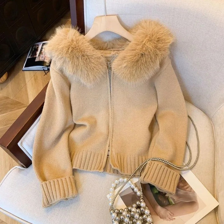 Womens knit jacket with removable faux fur hood and fitted cut Lune London