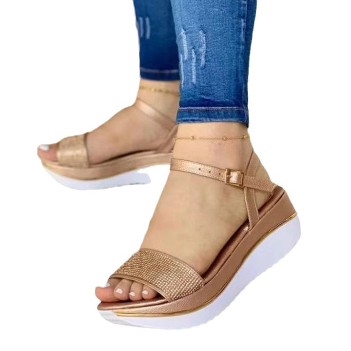 Strappy sandals for women with an elegant crystal ornament and a comfortable wedge sole Lune London