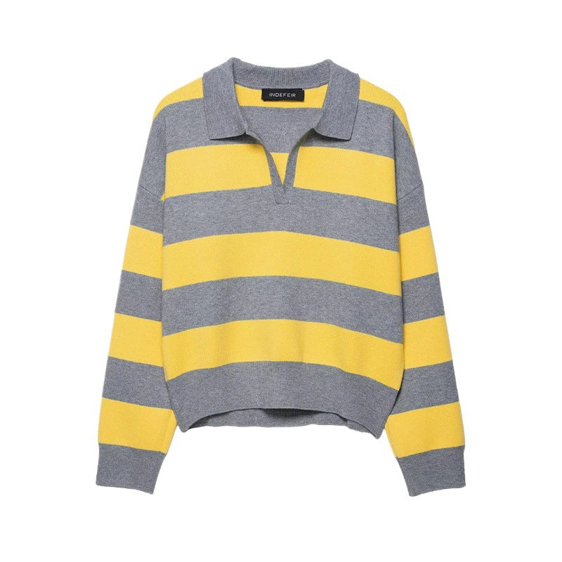 Ladies fashion sweater with polo collar and striped design Lune London