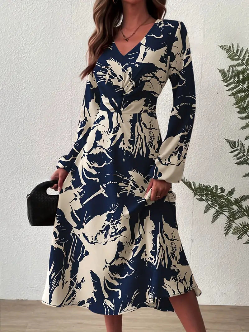 Midi dress for women with floral details and an elegant V neck Lune London